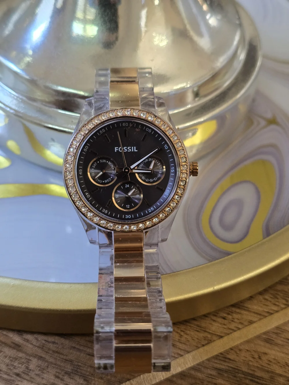 Fossil Crystal-Trim Acrylic Band Watch - Black & Rose Gold Plastic Watch